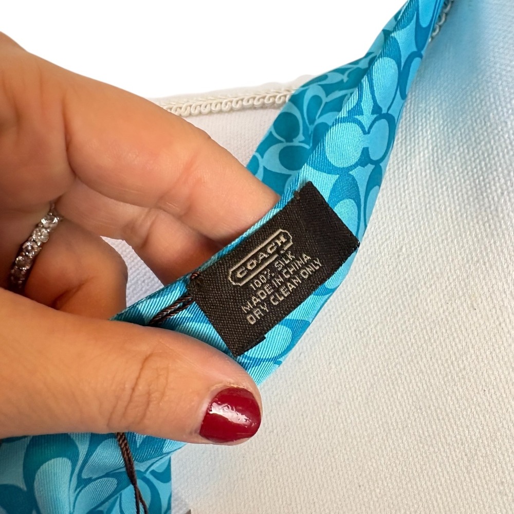 Coach Y2K NWT Silk Scarf Teal Signature Print Rhinestones Fringed - Picture 6 of 8